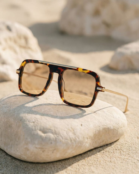 Luxe Tortoiseshell Square Sunglasses - Brown lens product shot on stone
